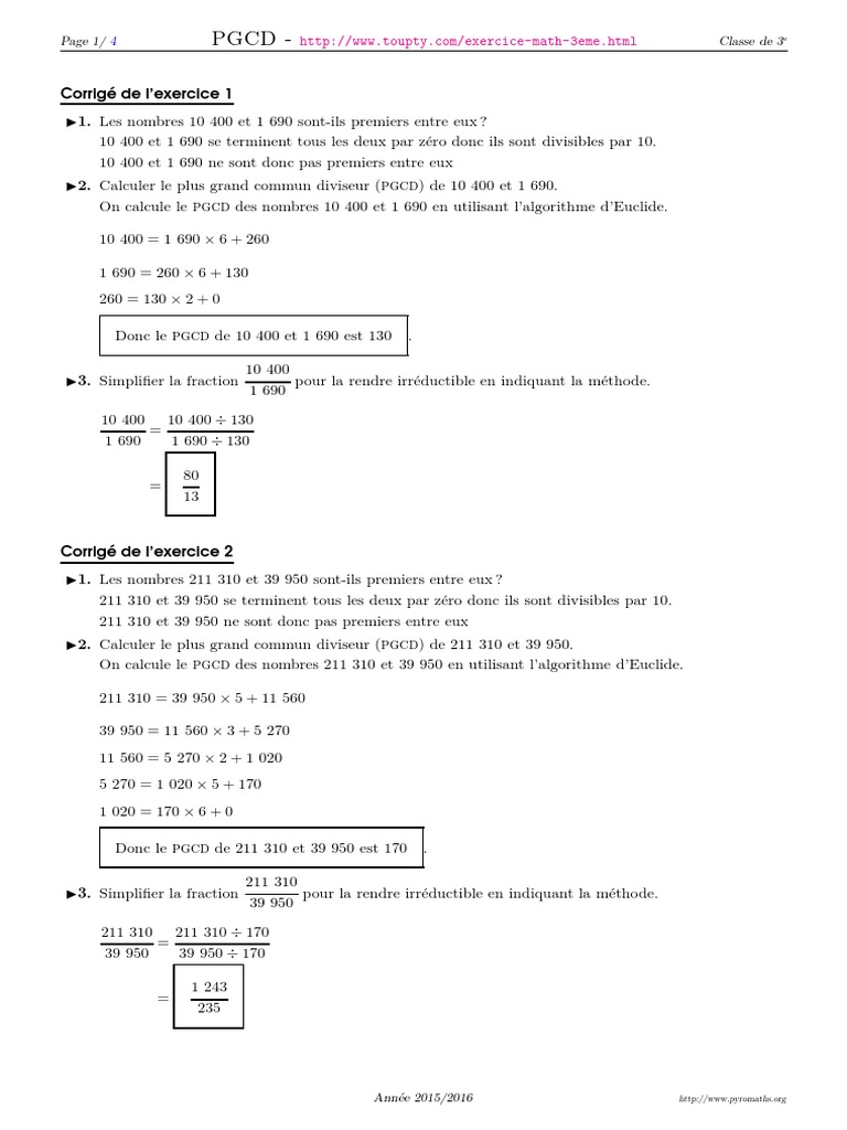 Exercices corrigés sur le PGCD 3ème | PDF