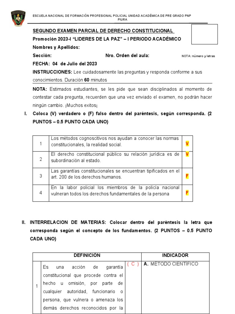 Examen de Derecho Constitucional 2023-I | PDF | Habeas corpus ...