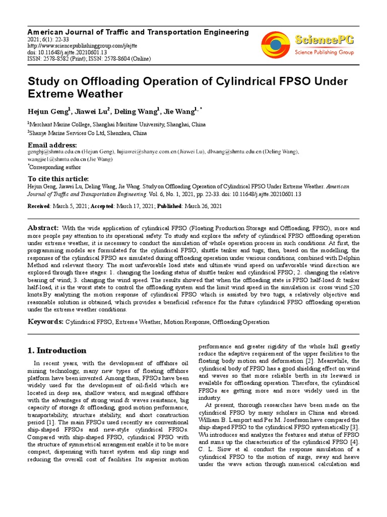 Study On Offloading Operation of Cylindrical FPSO Under | PDF | Oil ...