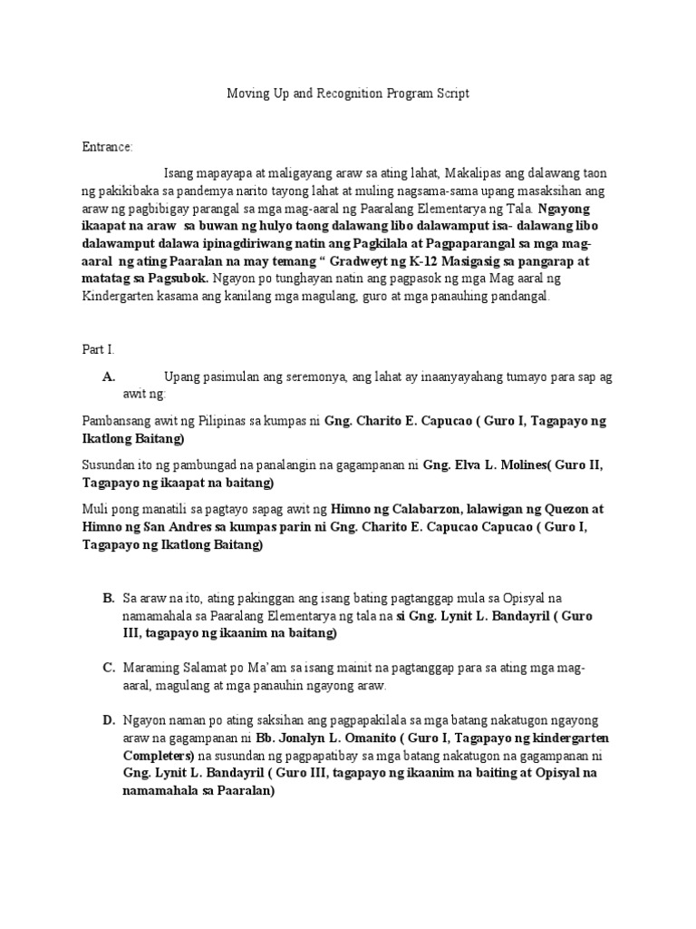 Moving Up and Recognition Program Script | PDF