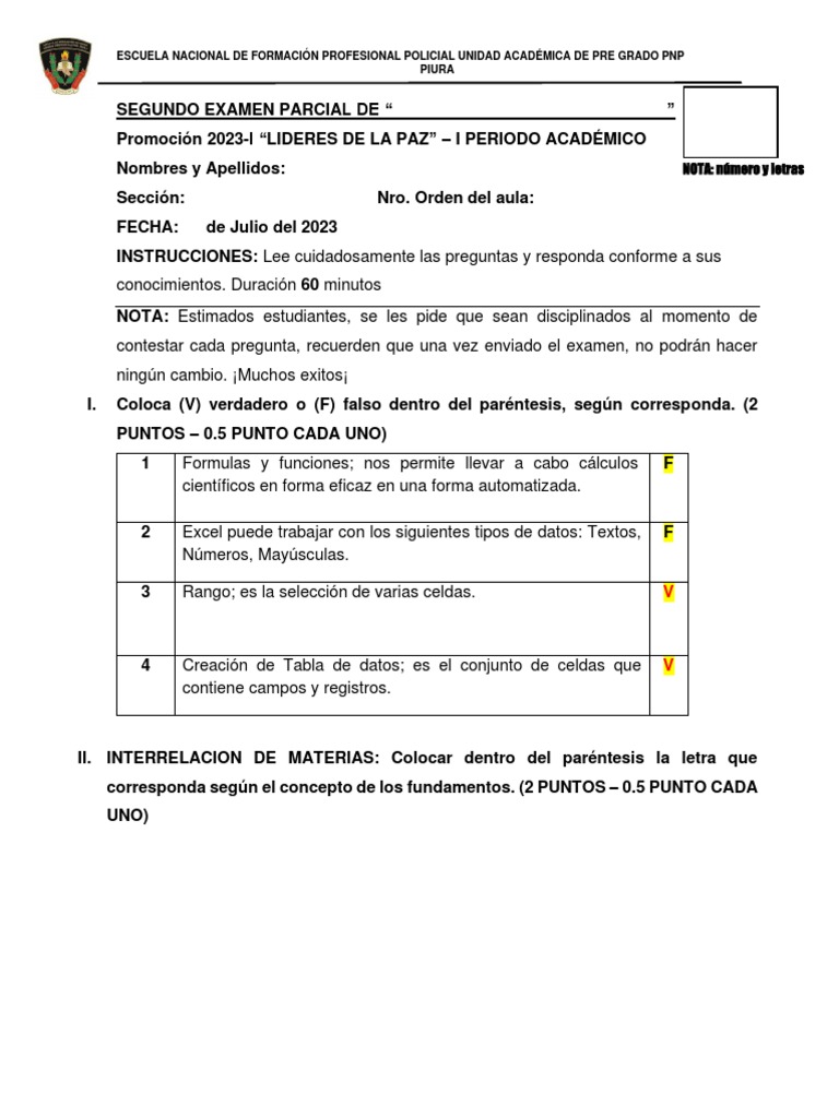 Examen Parcial PNP 2023-I: Microsoft Excel | PDF