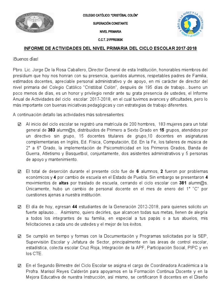 Informe De Actividades Escolares 2017 2018 Pdf