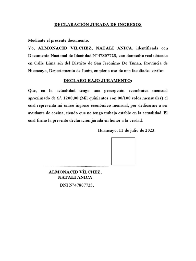 Declaración Jurada de Ingresos Mensuales | PDF