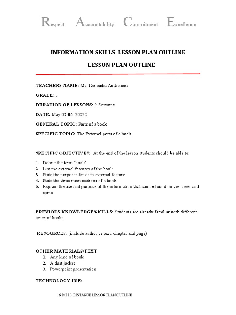 Grade 7 Lesson Plan: Book Parts Overview | PDF | Books | Lesson Plan