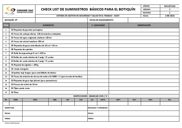 Checklist Botiquín G050 de Primeros Auxilios | PDF