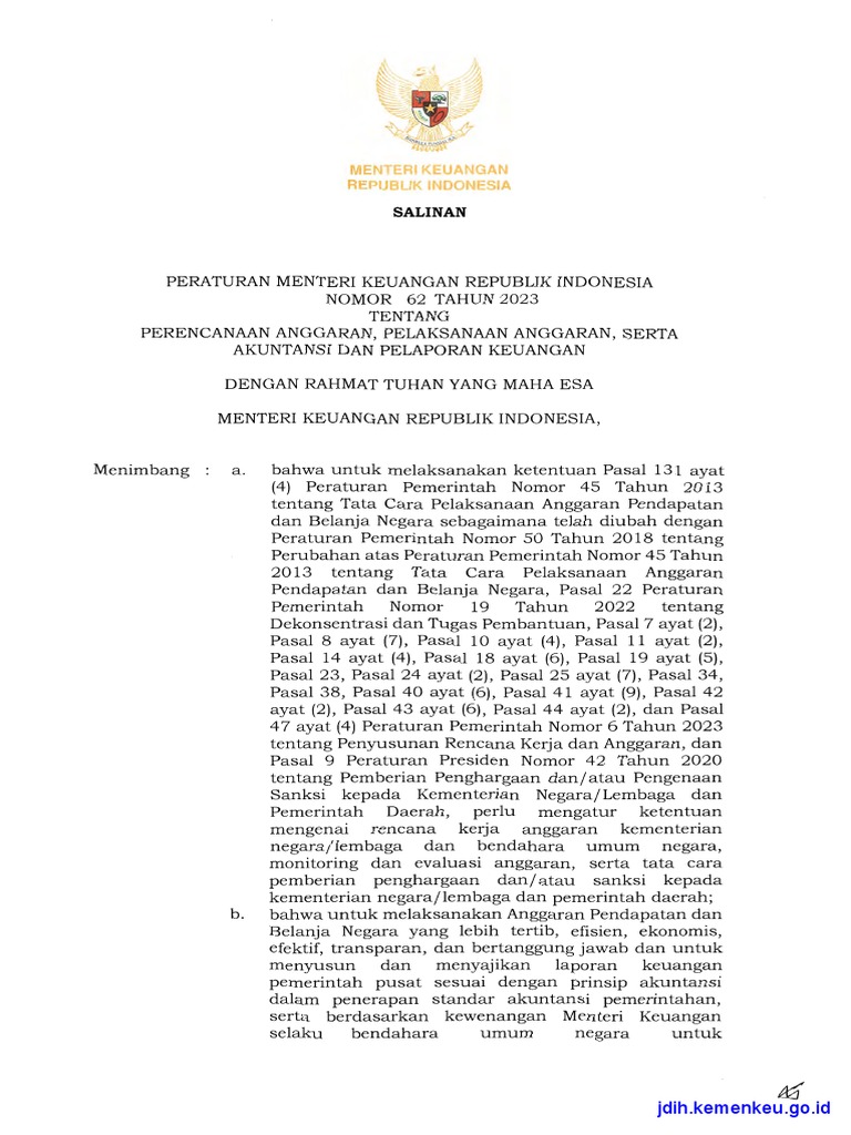 PMK No.62 - pmk.02 - 2023 Tentang Perencanaan Anggaran, Pelaksanaan