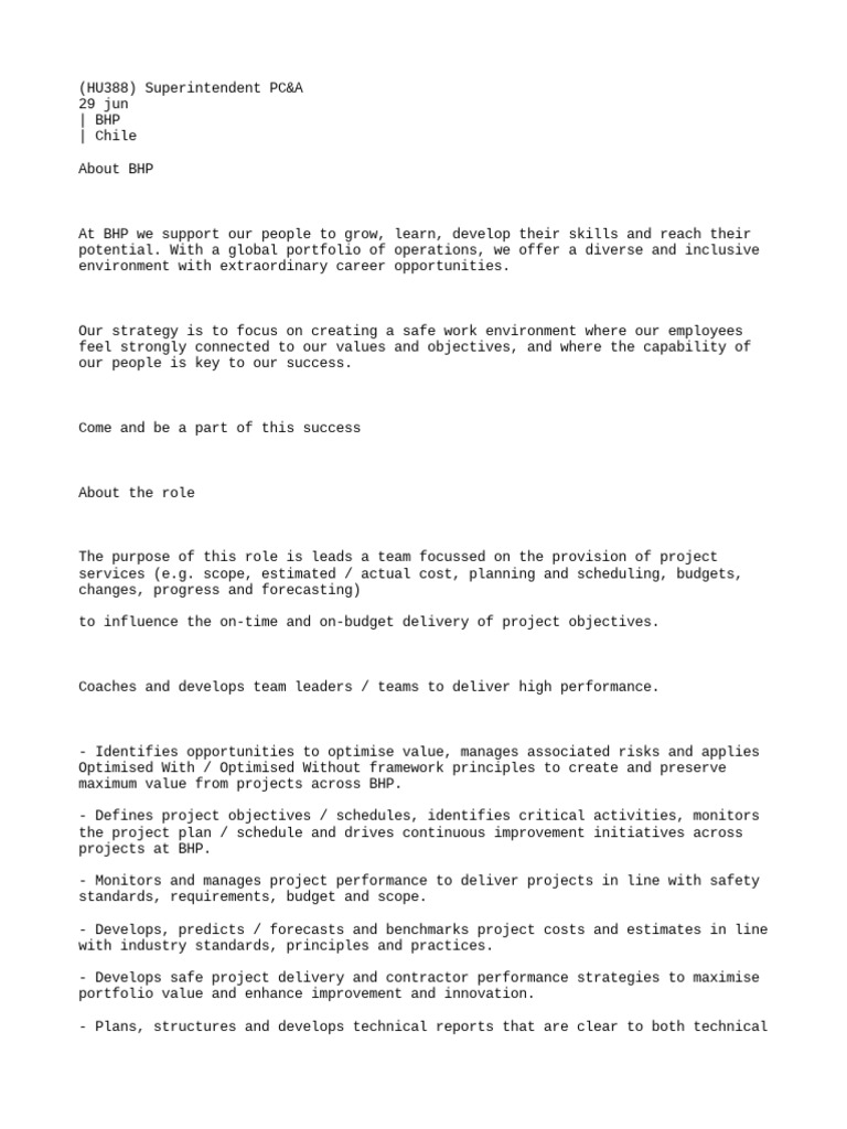 Superintendent Role in PC&A at BHP | PDF | Employment | Governance
