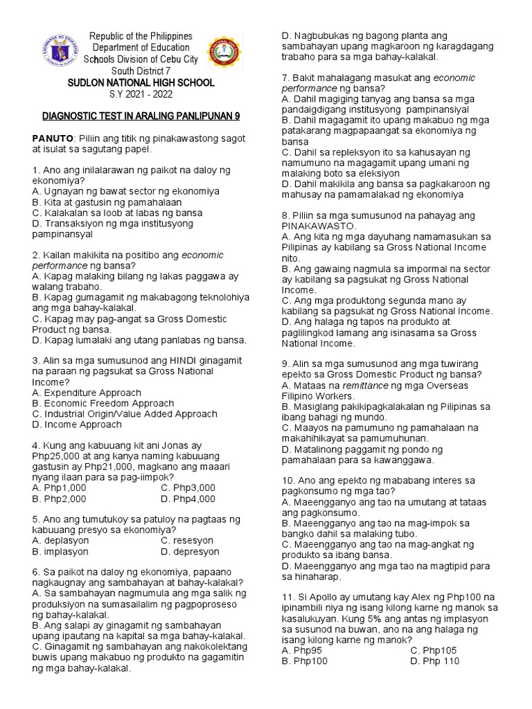 3RD QUARTER AP 9 Diagnostic Test | PDF