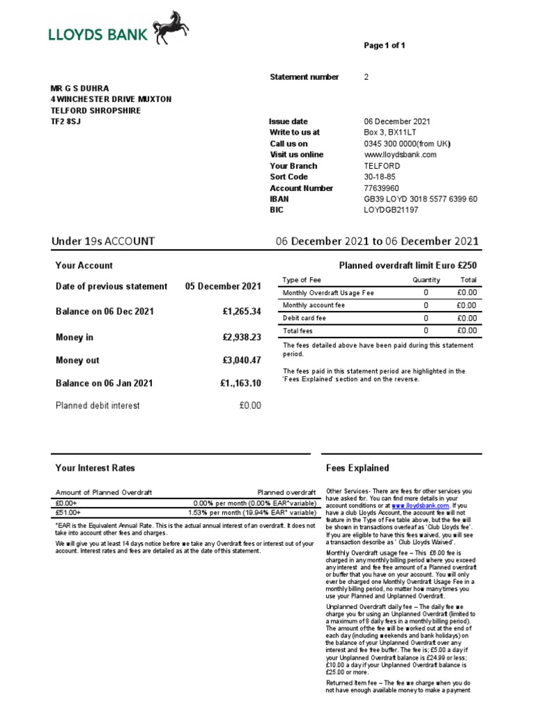 Lloyds Bank Statement PDF Overdraft Fee Lloyds Bank Statement PDF Overdraft Fee