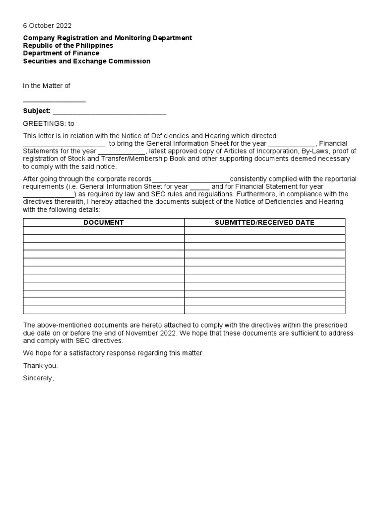 SEC Compliance Submission Letter | PDF