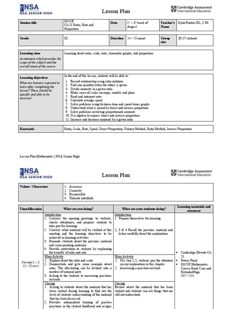 IGCSE Lesson Plan: Ratio & Proportion | PDF | Learning | Lesson Plan