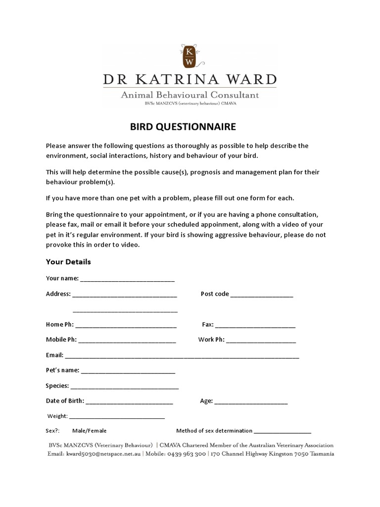 Bird Behavior Assessment Questionnaire | PDF | Birds | Behavior