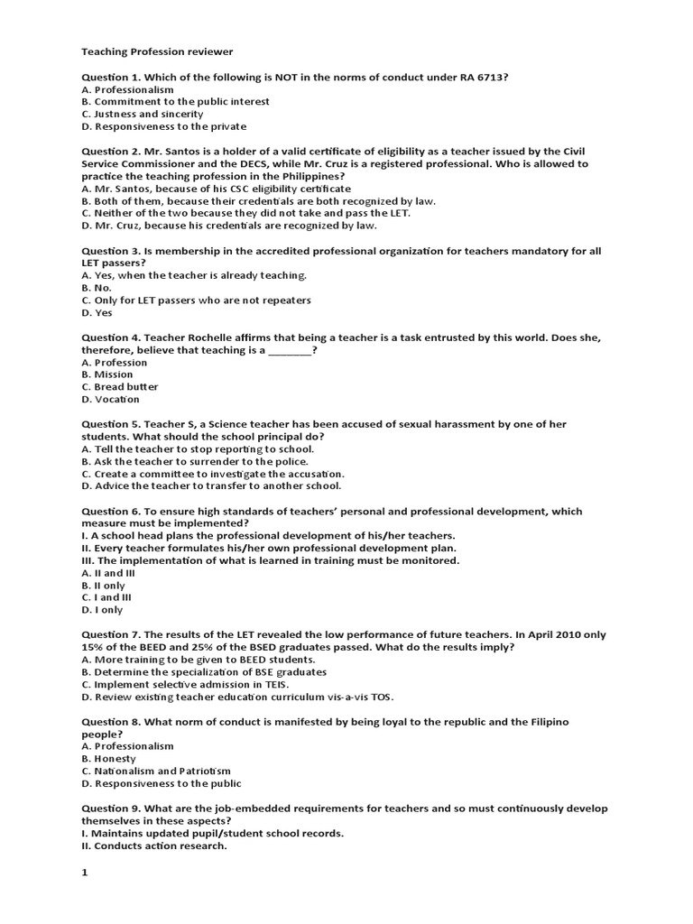 Teaching Profession Review Questions | PDF | Teachers | Schools