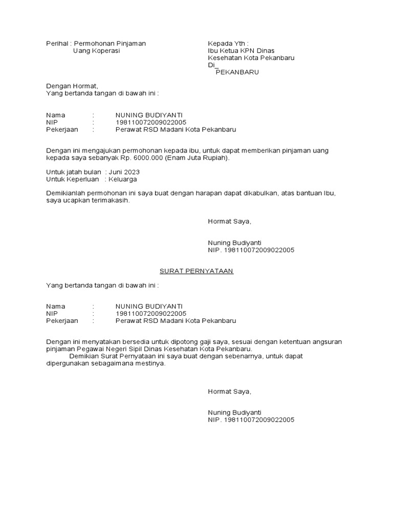 Permohonan Pinjaman Koperasi Pekanbaru | PDF | Pengelolaan Keuangan & Uang