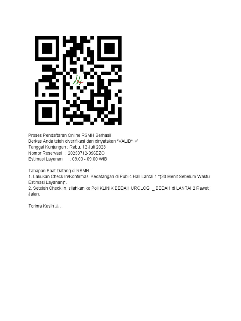 Pendaftaran Online RSMH Berhasil | PDF