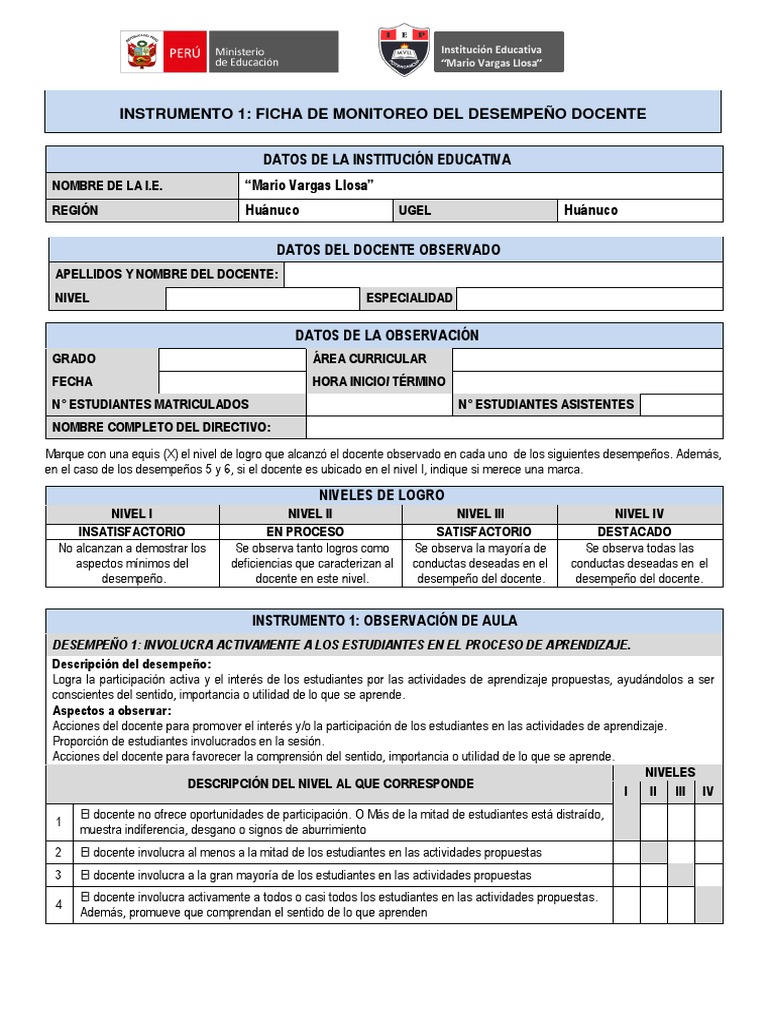 Ficha de Monitoreo Docente I.E. Vargas Llosa | PDF