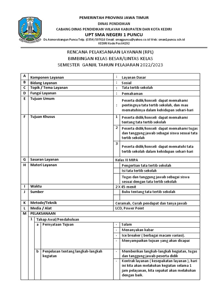 Rencana Pelaksanaan Bimbingan Sekolah | PDF