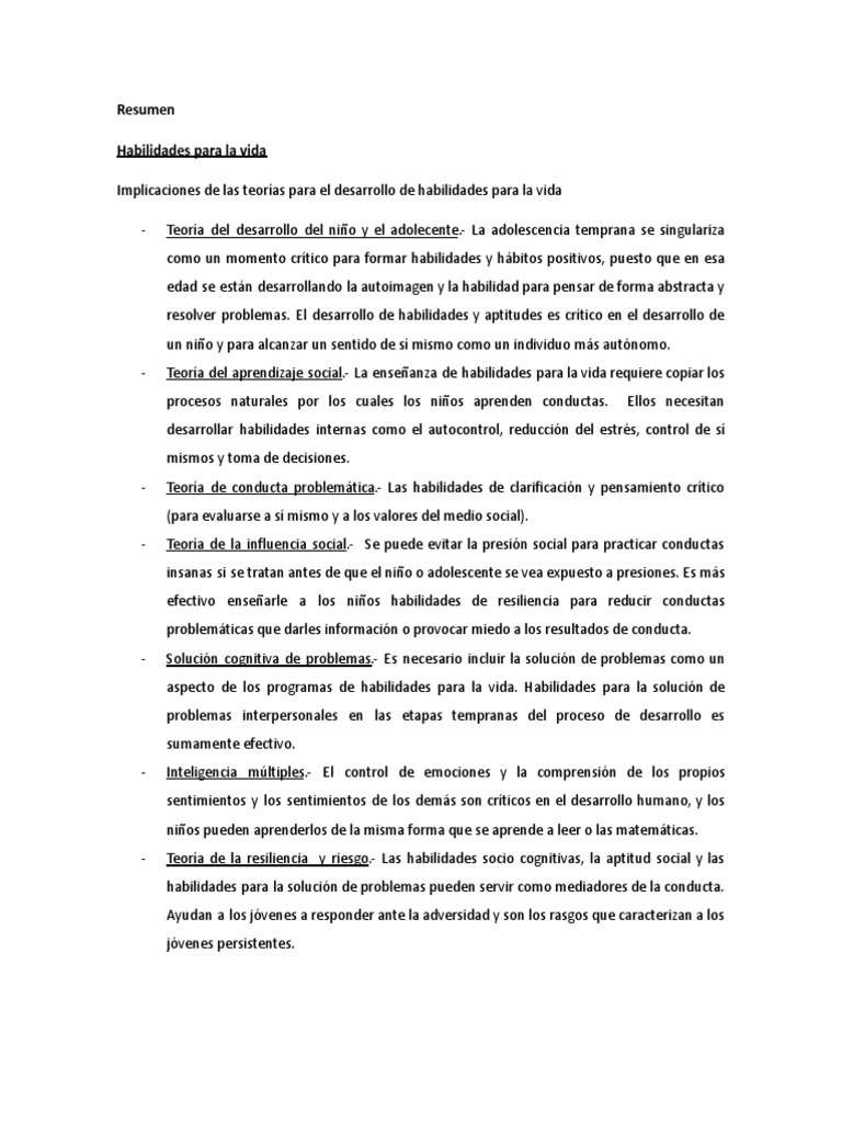 Resumen Habilidades para La Vida | PDF | Pensamiento | Las emociones