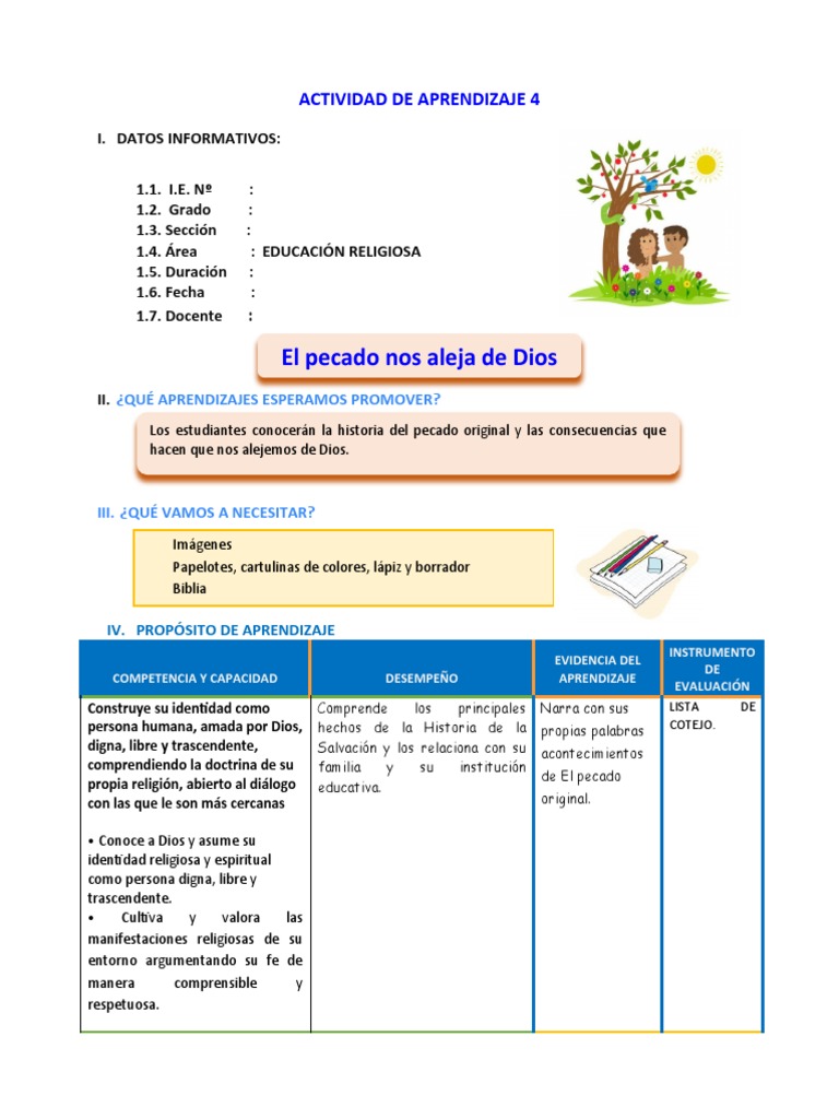 E1 A4 SESIÓN El Pecado Nos Aleja de Dios | PDF | Adán y Eva | Jardín ...
