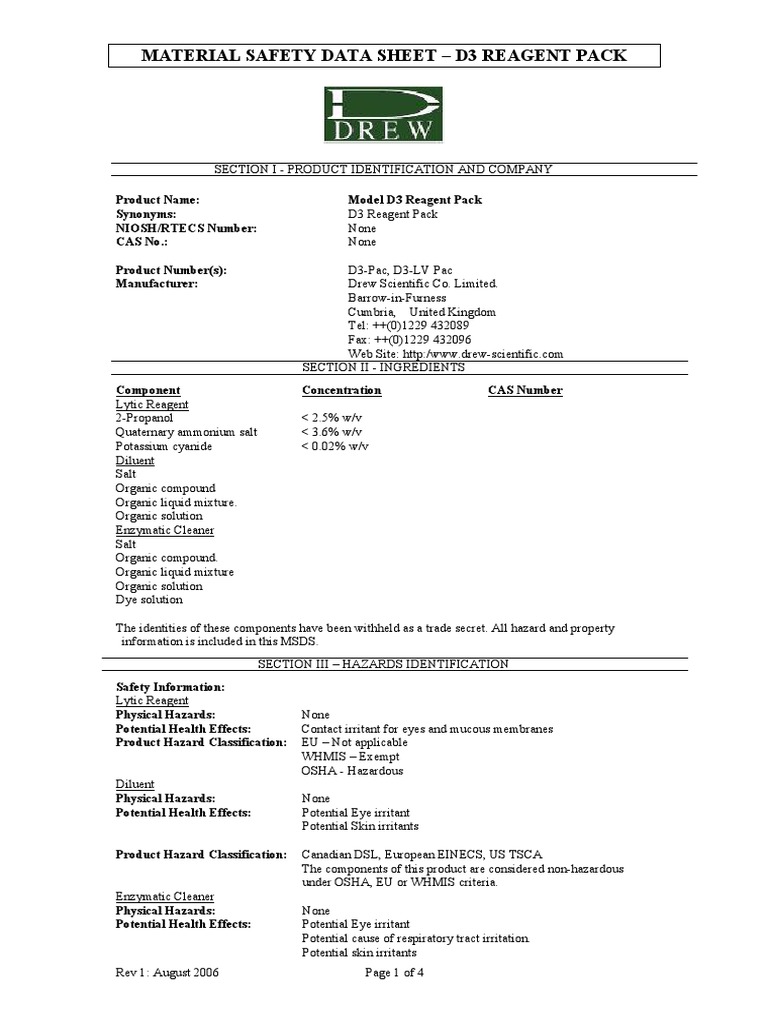 D3 Reagent Pack Safety Data Sheet | PDF | Water | Toxicity