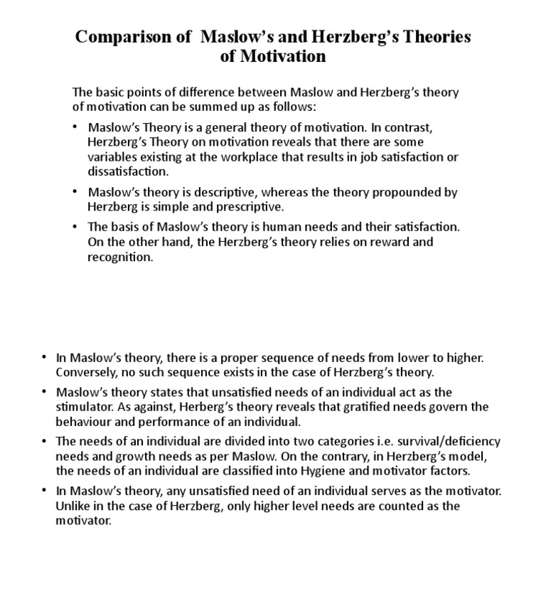 Comparison Of Maslow S And Herzberg S Theories Of Motivation Pdf