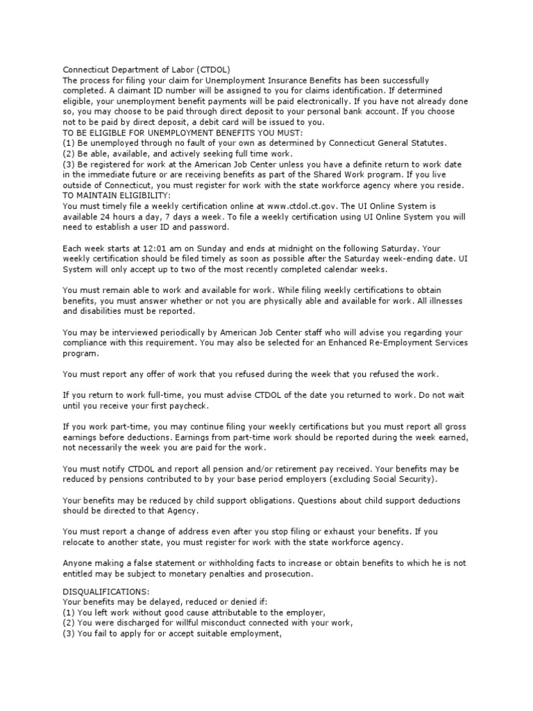 CT Unemployment Benefits Eligibility Guide | PDF | Unemployment ...