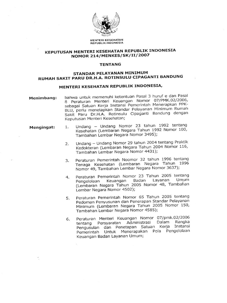 KMK No. 214 TTG Standar Pelayanan Minimum RS Paru DR.H.A. Rotinsulu ...