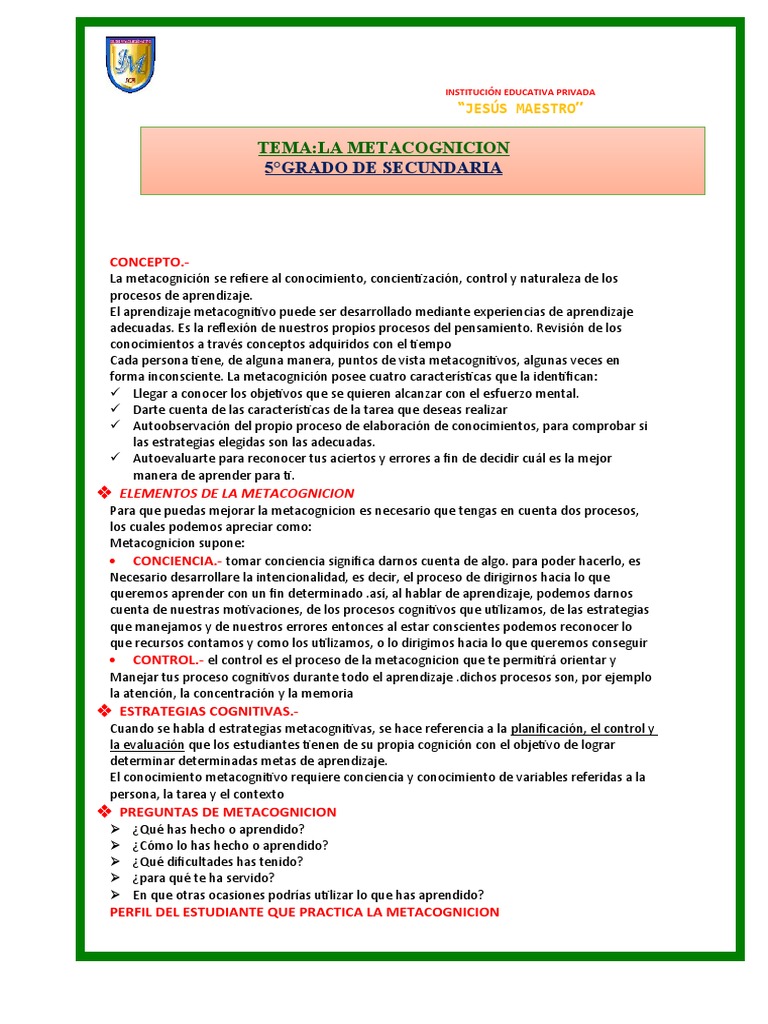 Metacognición: Estrategias para Aprender | PDF | Teoria de la mente ...