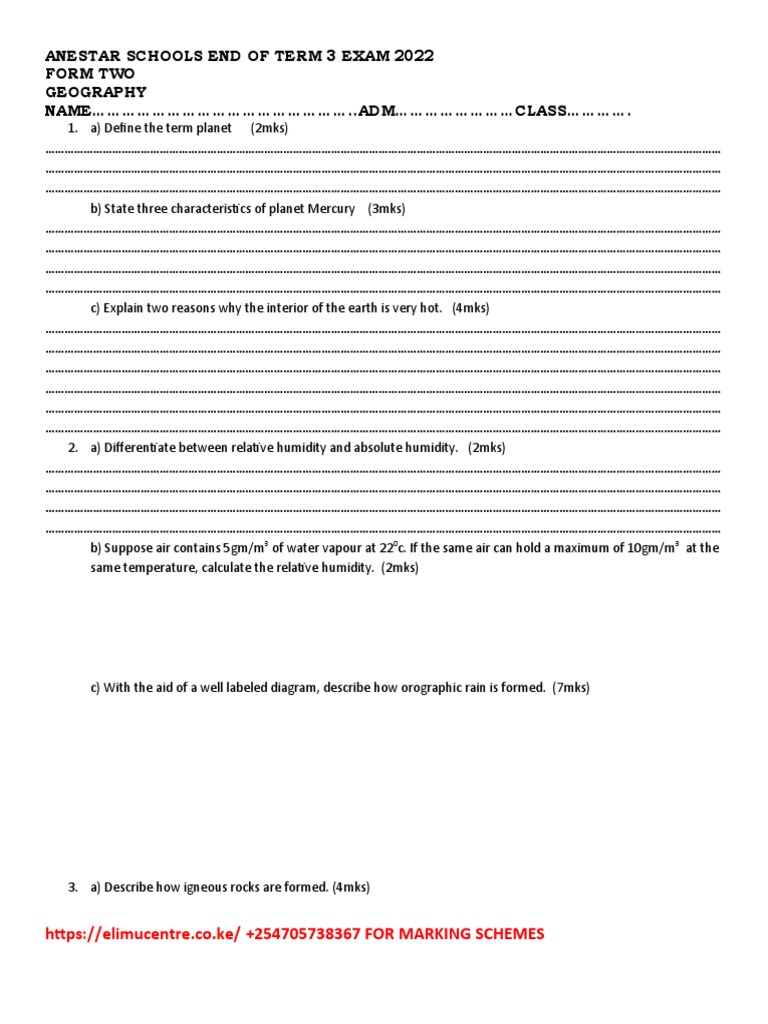 Anestar Schools End of Term 3 Exam 2022 Form Two Geography NAME ..ADM ...
