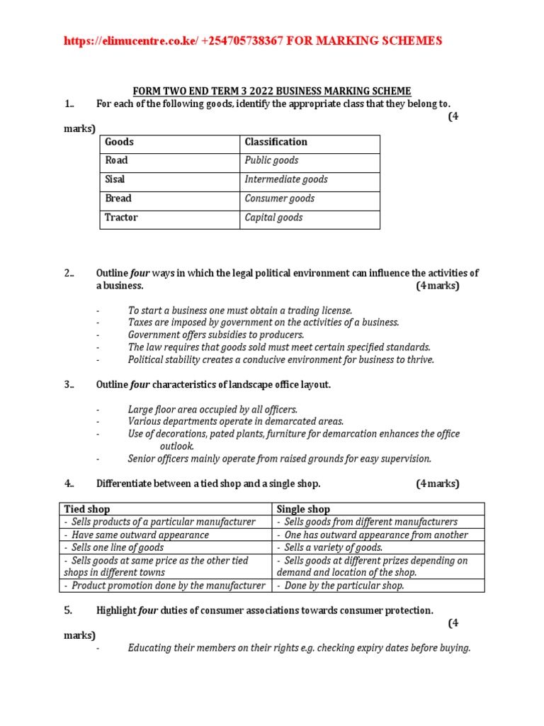 2022 Form Two Business Marking Scheme | PDF | Goods | Warehouse