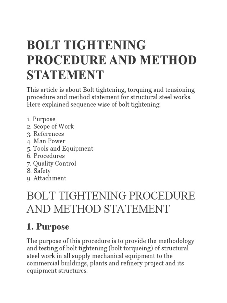 Bolt Tightening Procedure and Method Statement PDF Screw Calibration