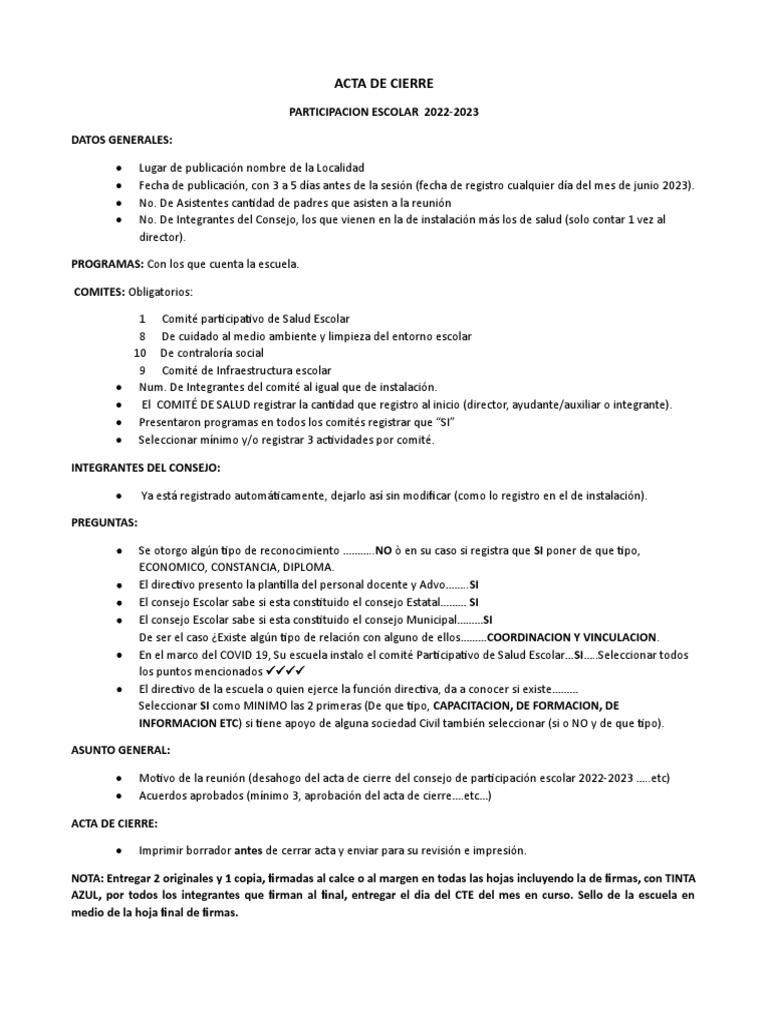 Acta de Cierre Participación Escolar 2022-2023 | PDF | Crecimiento ...