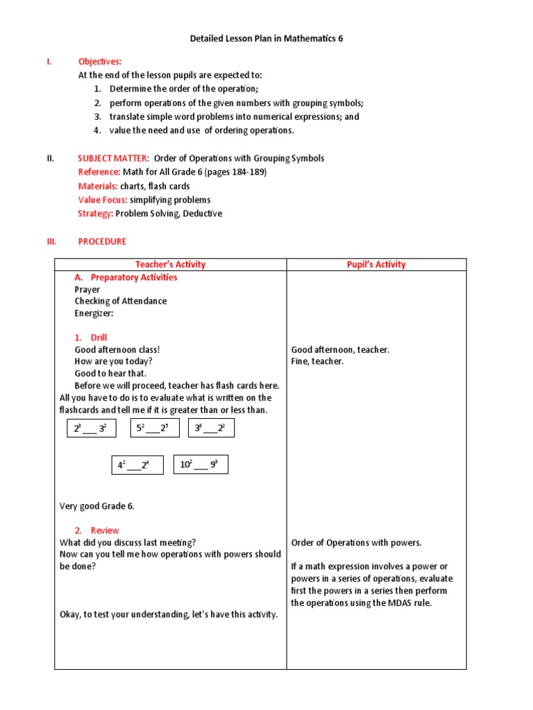 Detailed Lesson Plan in Mathematics 6 | PDF | Bracket | Flashcard