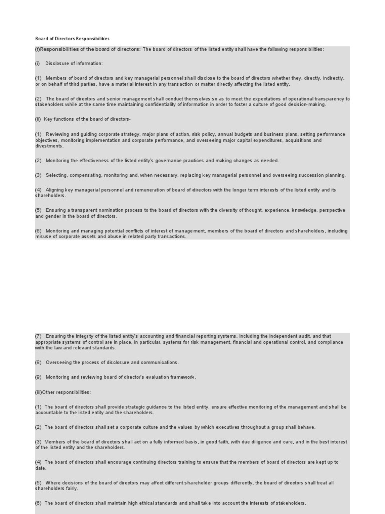 Board of Directors Responsibilities PDF Board Of Directors Business