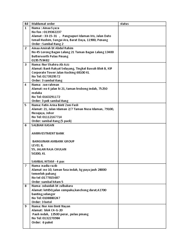 Daftar Pesanan Sambal Itang dan Hitam | PDF