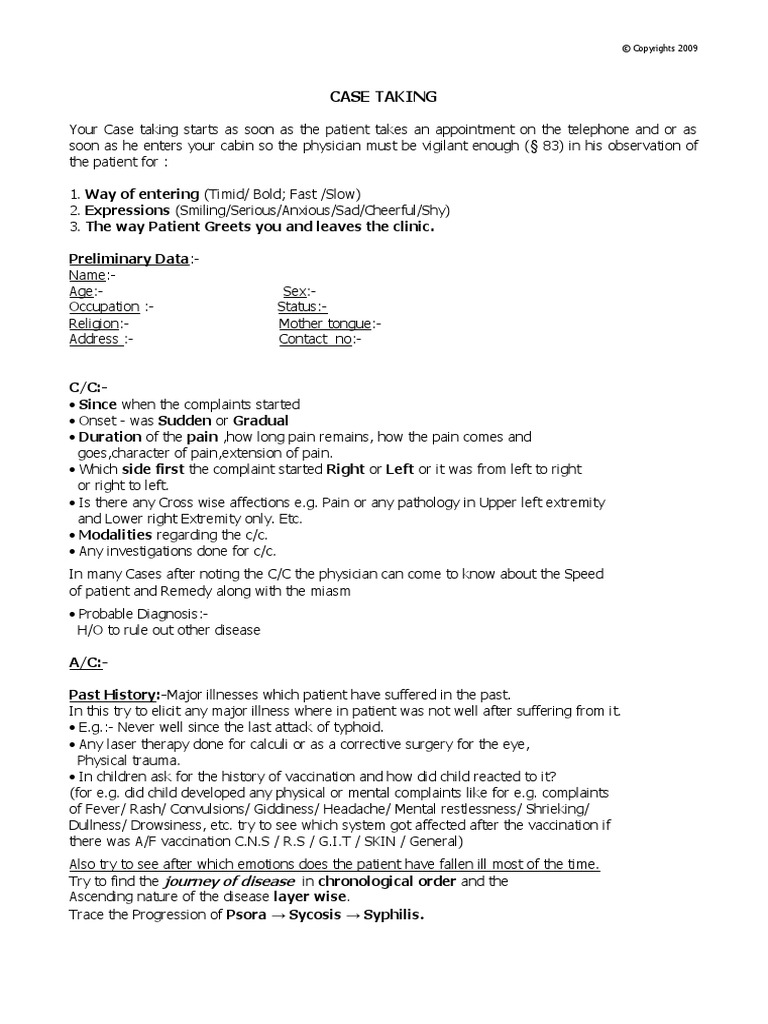 Homeopathy Case Taking Proforma Guide | PDF | Anger | Anxiety