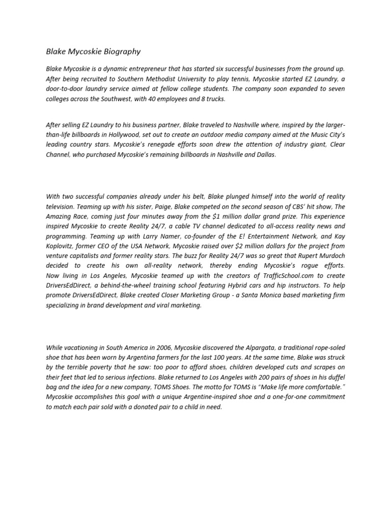 Blake Mycoskie Biography | PDF | Television Industry | Entertainment