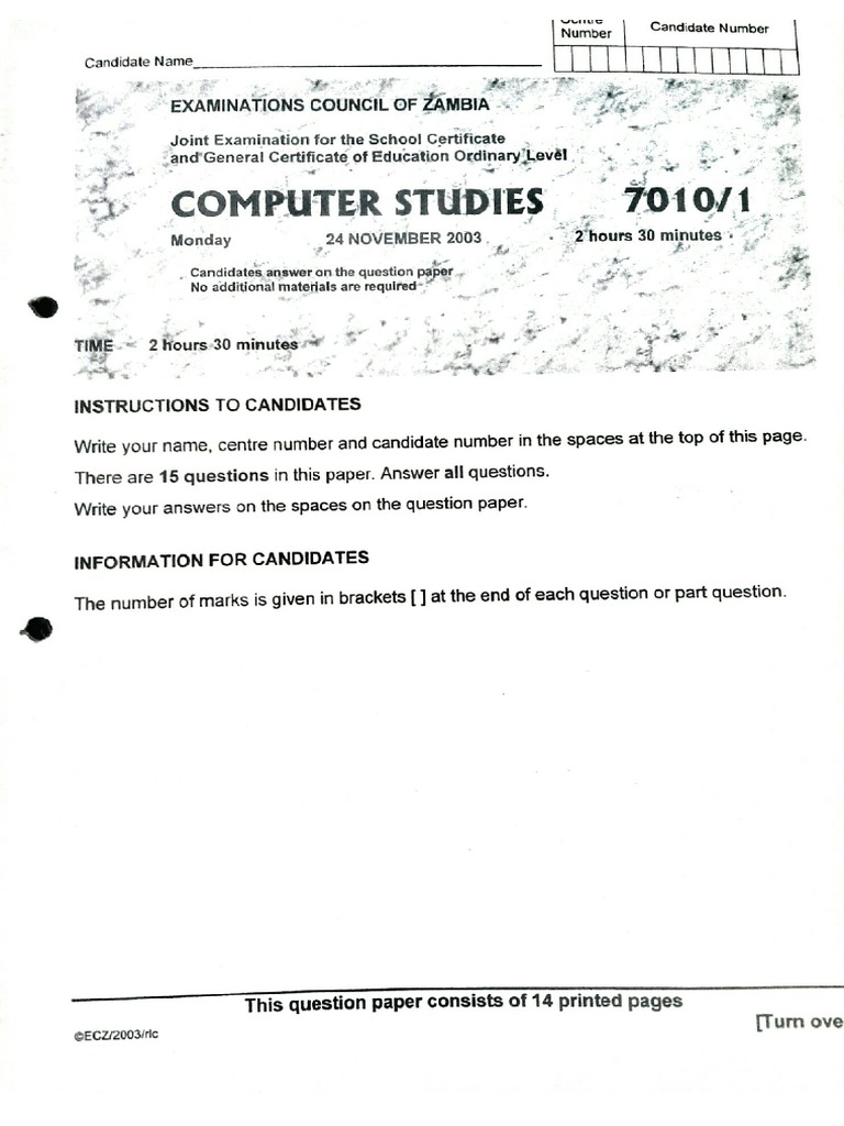 ECZ CS 7010 P1 Past Papers 2003 To 2021 PDF Html Computing