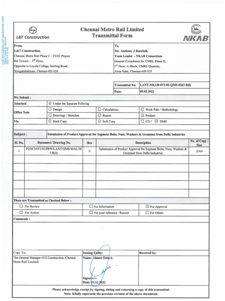 Submission of Product Approval For Segment Bolts, Nuts, Washers ...