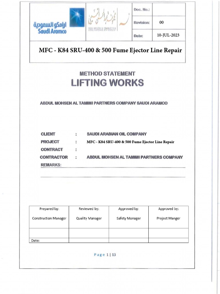 Method Statement Lifting Works For SRU PDF