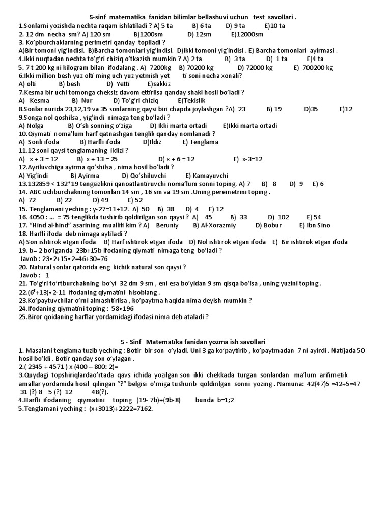 5 Sinf Matematika Fanidan Test Savollari Bilimlar Bellashuvi Uchun | PDF
