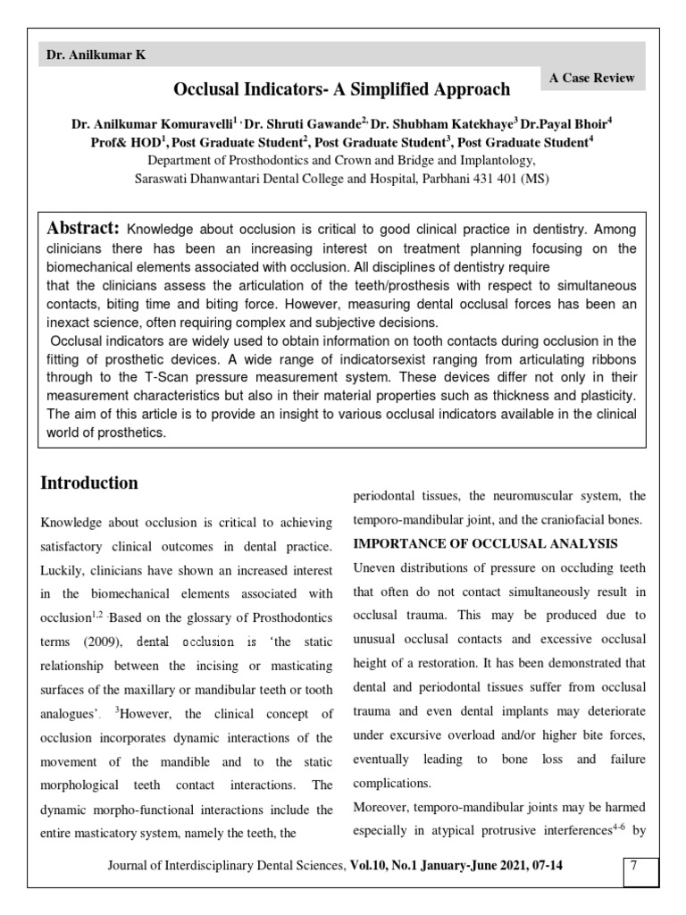 Occlusal Indicators A Simplified Approach PDF Health Sciences