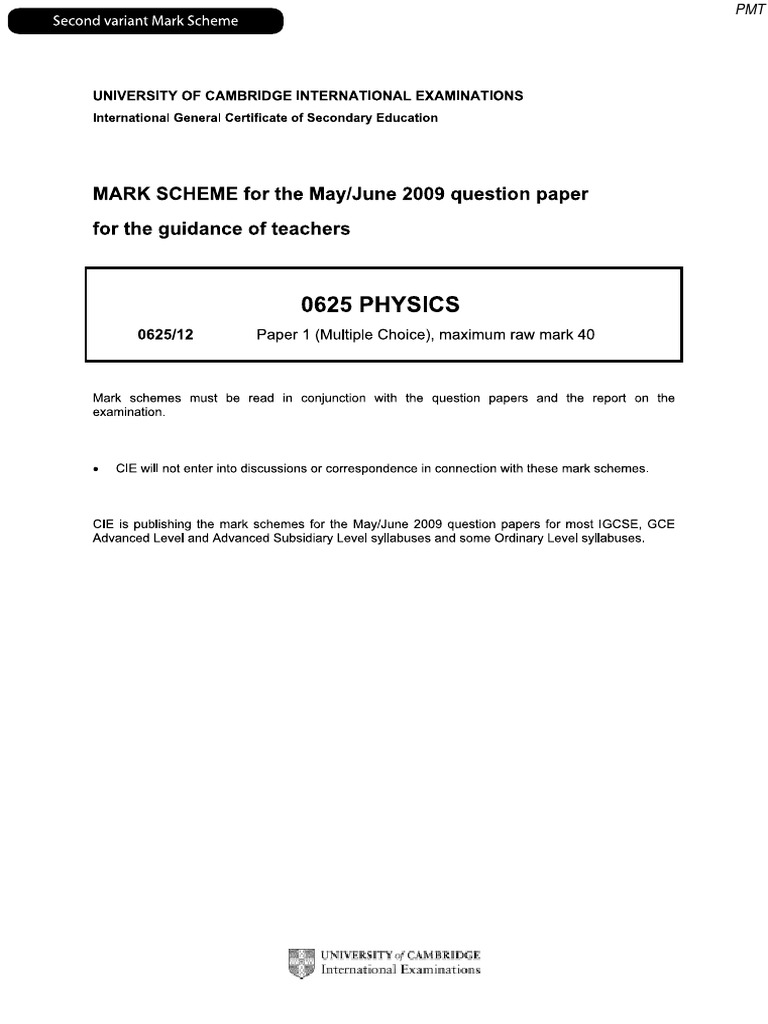 June 2009 (v2) MS Paper 1 CIE Physics IGCSE PDF