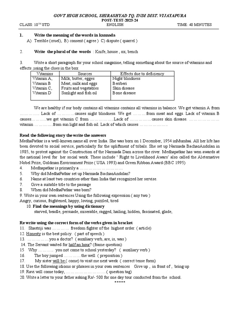 10th STD SL English Post Test Question Paper 202324 PDF Vitamin