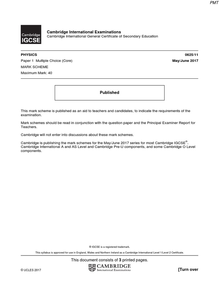 June 2017 (v1) MS Paper 1 CIE Physics IGCSE PDF Vocational