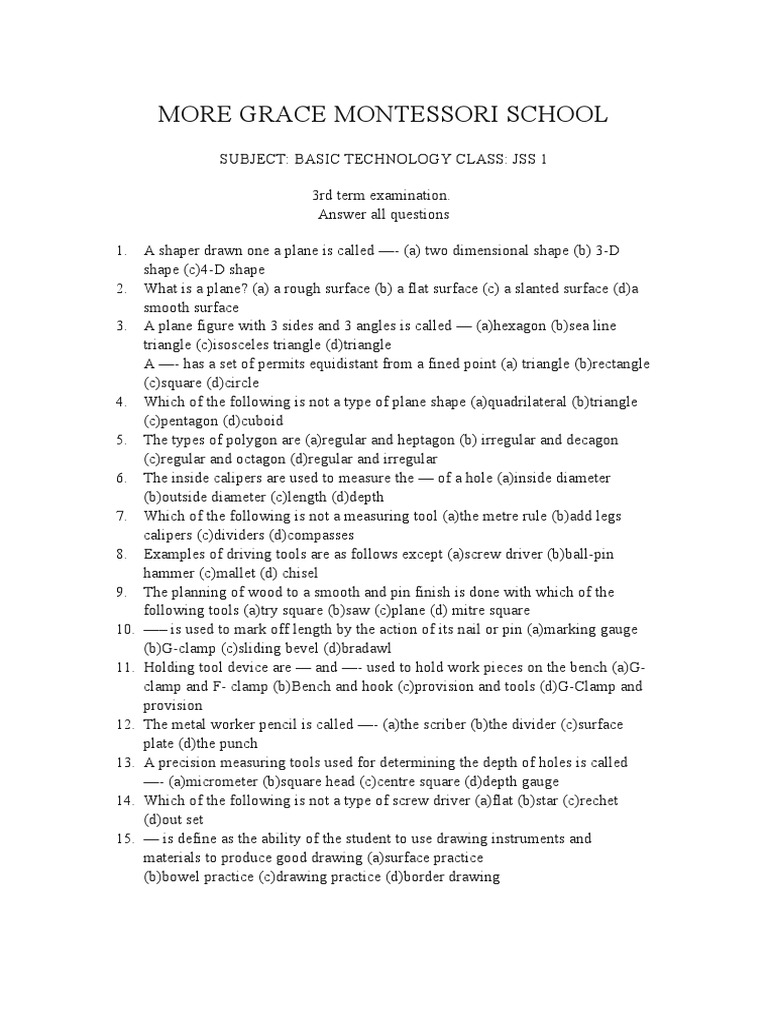 Basic Technology Exam For jss1 PDF Triangle Shape