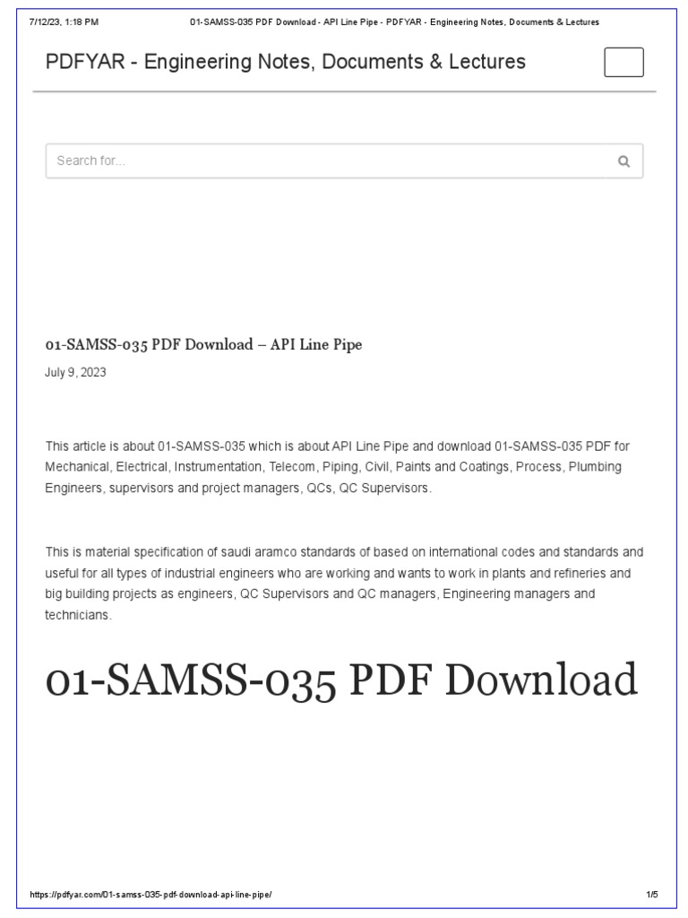 01-SAMSS-035 API Line Pipe Specification | PDF | Pipe (Fluid Conveyance ...
