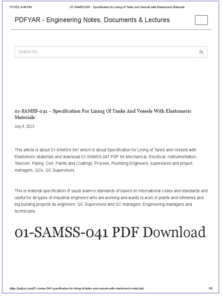 SAMSS-041: Tank Lining Specification | PDF | Pipe (Fluid Conveyance ...