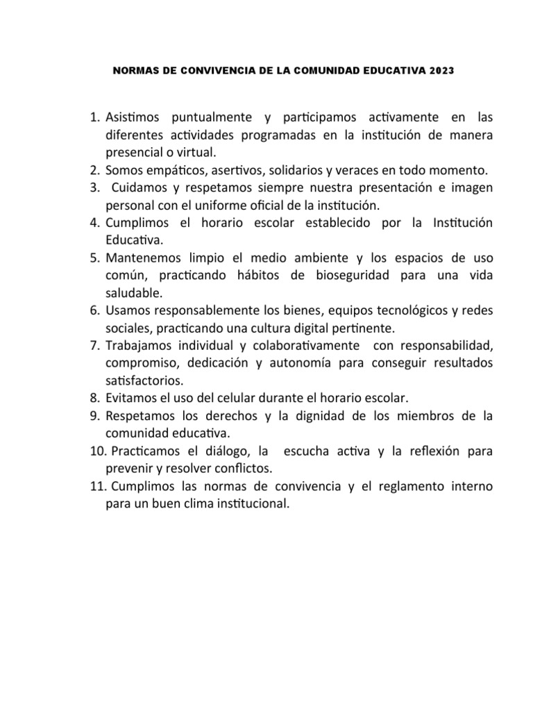 Normas de Convivencia Educativa 2023 | PDF
