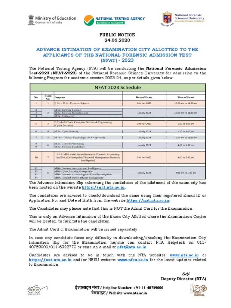 NFSU Public Notice City Intimation New | PDF